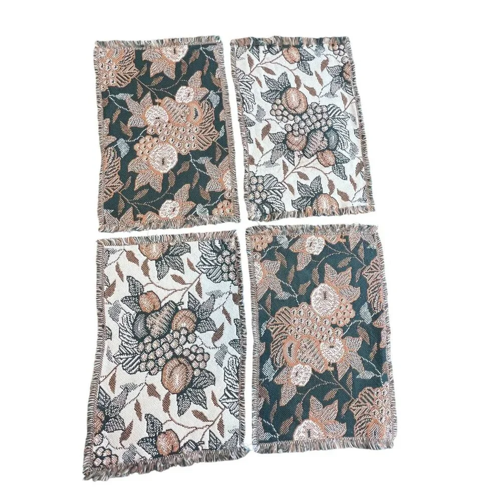 Set of 4 Vintage Tapestry Style Fabric Placemats with Fruit Fringe Edges 19